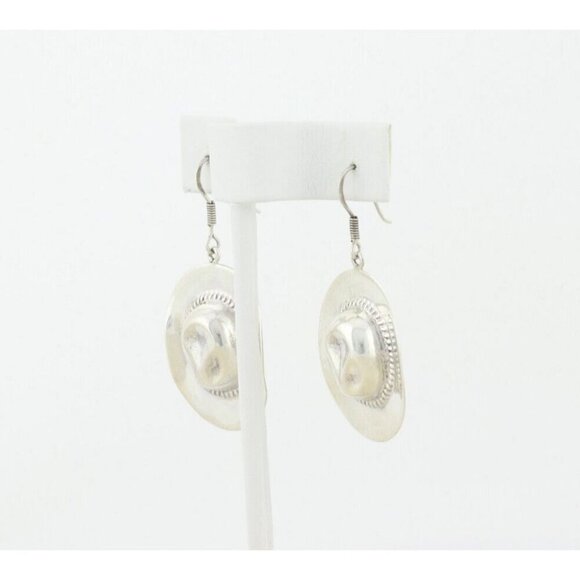 Sterling Silver Cowboy Hat Earrings Dangle Drop - Picture 3 of 5